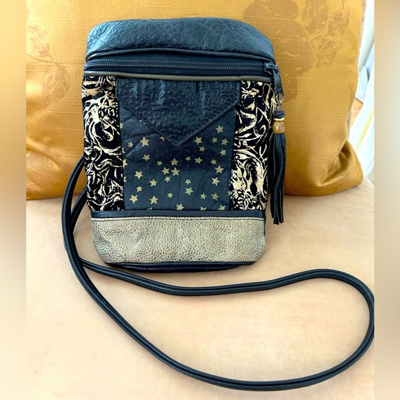 Leather and Suede Mixed Media Black and Gold Handbag Crossbody - Picture 4 of 10